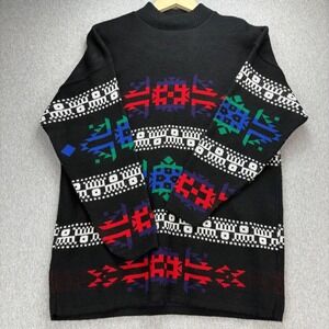 Vintage American Pride Sweater Womens M Black Aztec‎ Heavy Knit Native American